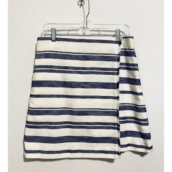 LOFT Skirt Womens 12 Ivory Blue Black Striped Faux Wrap Fringe Preppy Boho - Picture 2 of 8